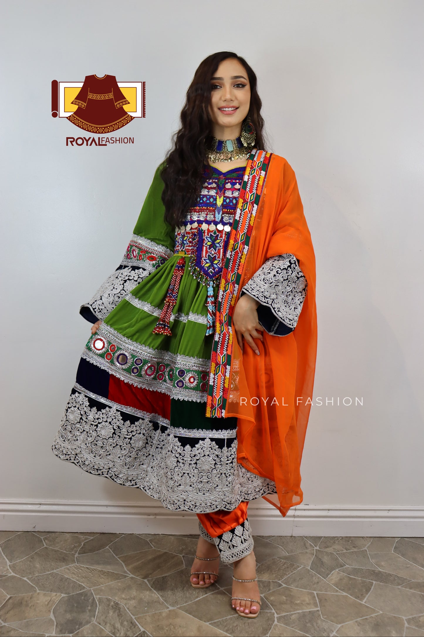 Afghan New Design Pistachio Velvet Gand E Afghani White Chirma Afghan Women Dress #2089