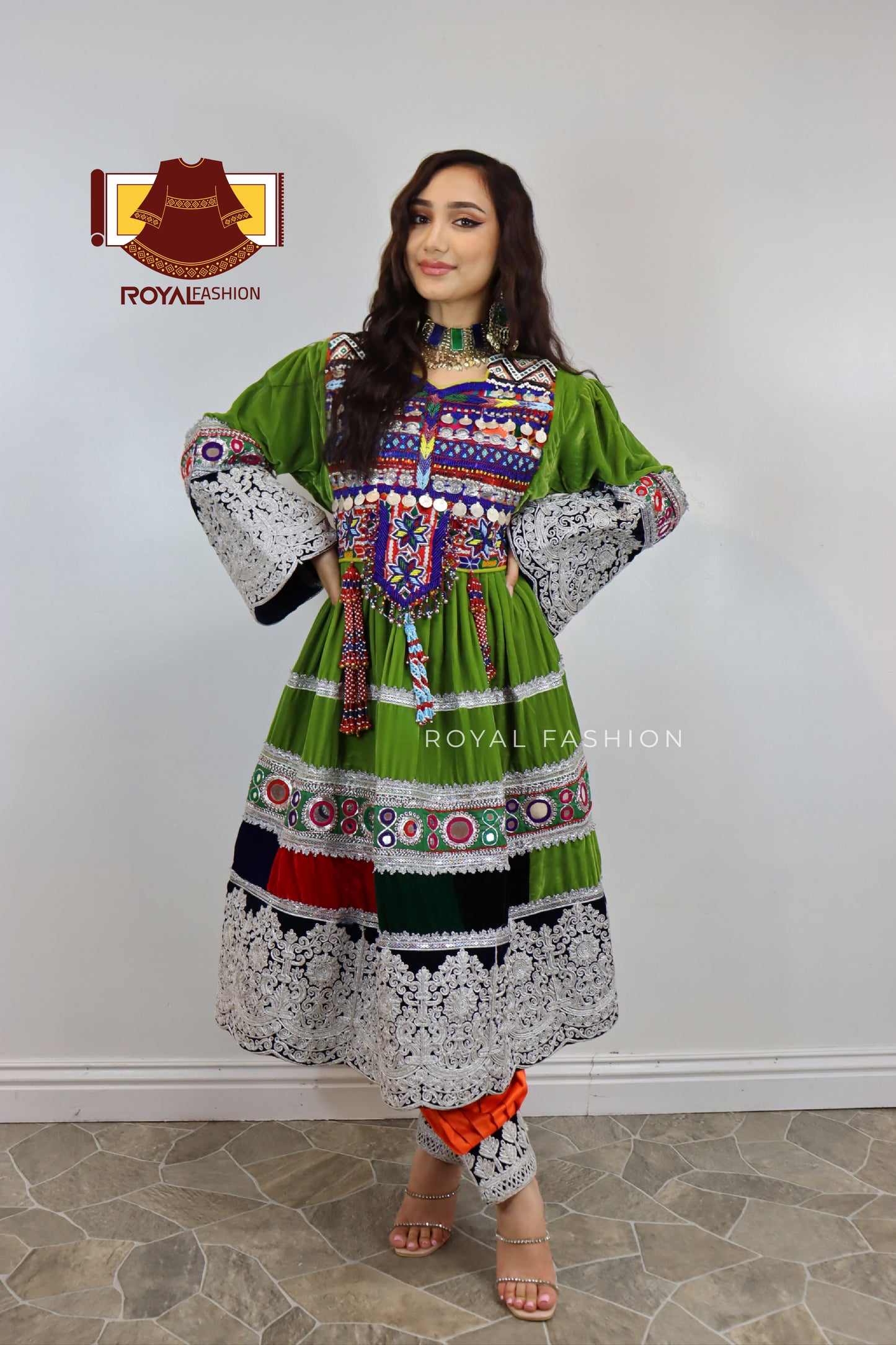 Afghan New Design Pistachio Velvet Gand E Afghani White Chirma Afghan Women Dress #2089