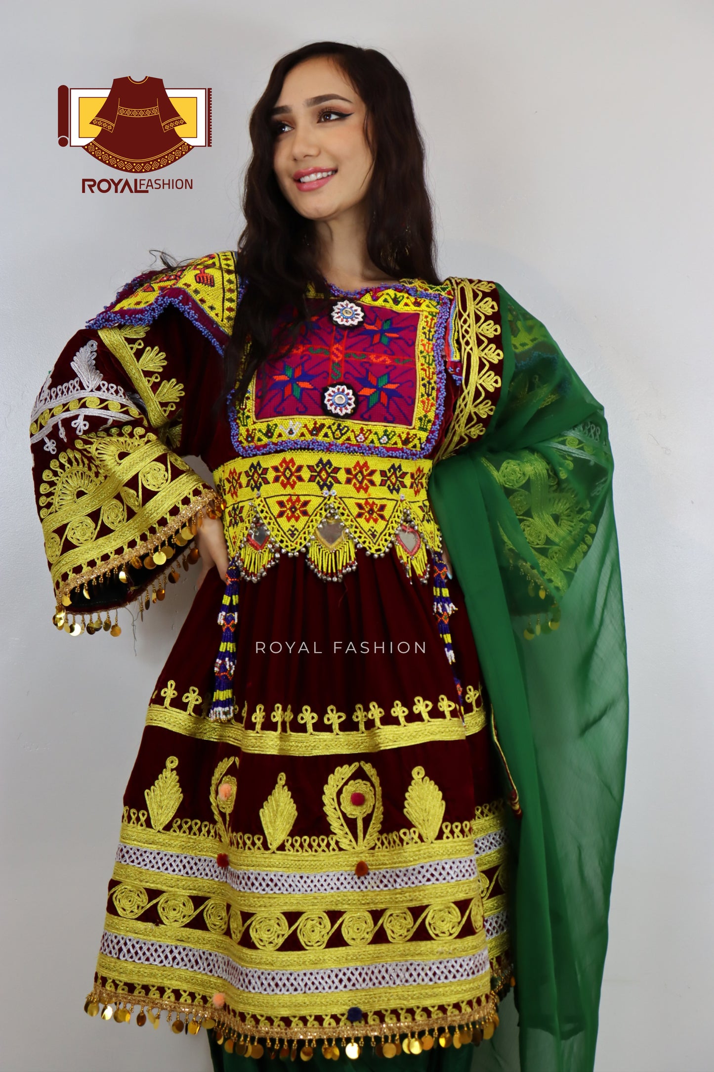 Afghan New Desgin Dark Red Velvet Gand E Afghani Yellow Chirma Afghan Women Dress #2093