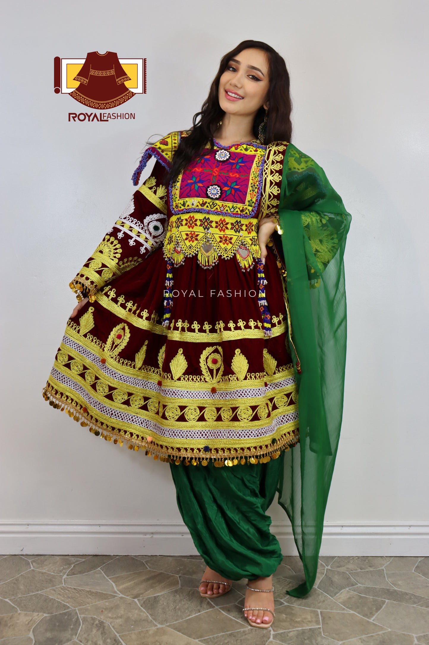 Afghan New Desgin Dark Red Velvet Gand E Afghani Yellow Chirma Afghan Women Dress #2093