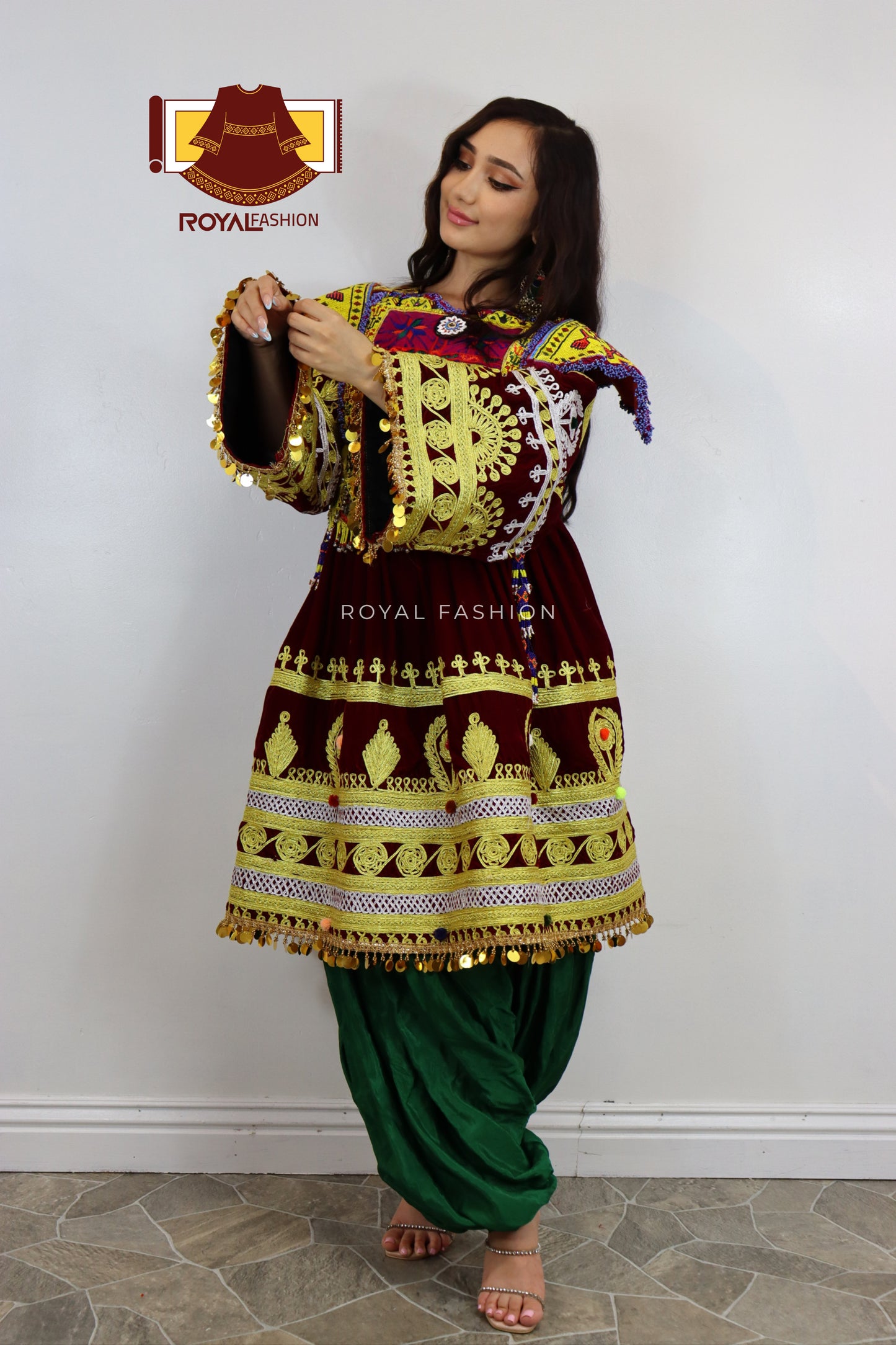 Afghan New Desgin Dark Red Velvet Gand E Afghani Yellow Chirma Afghan Women Dress #2093