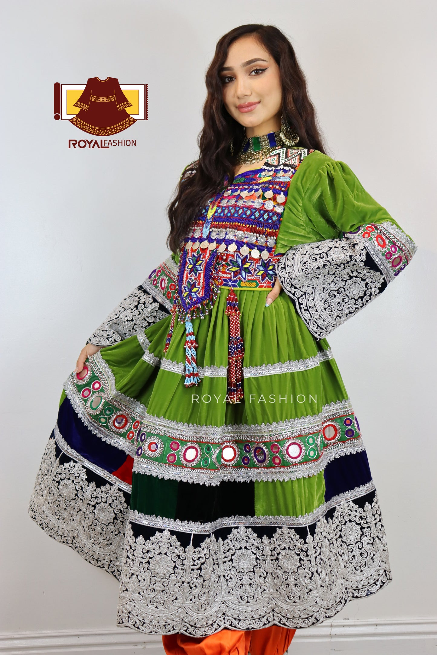 Afghan New Design Pistachio Velvet Gand E Afghani White Chirma Afghan Women Dress #2089