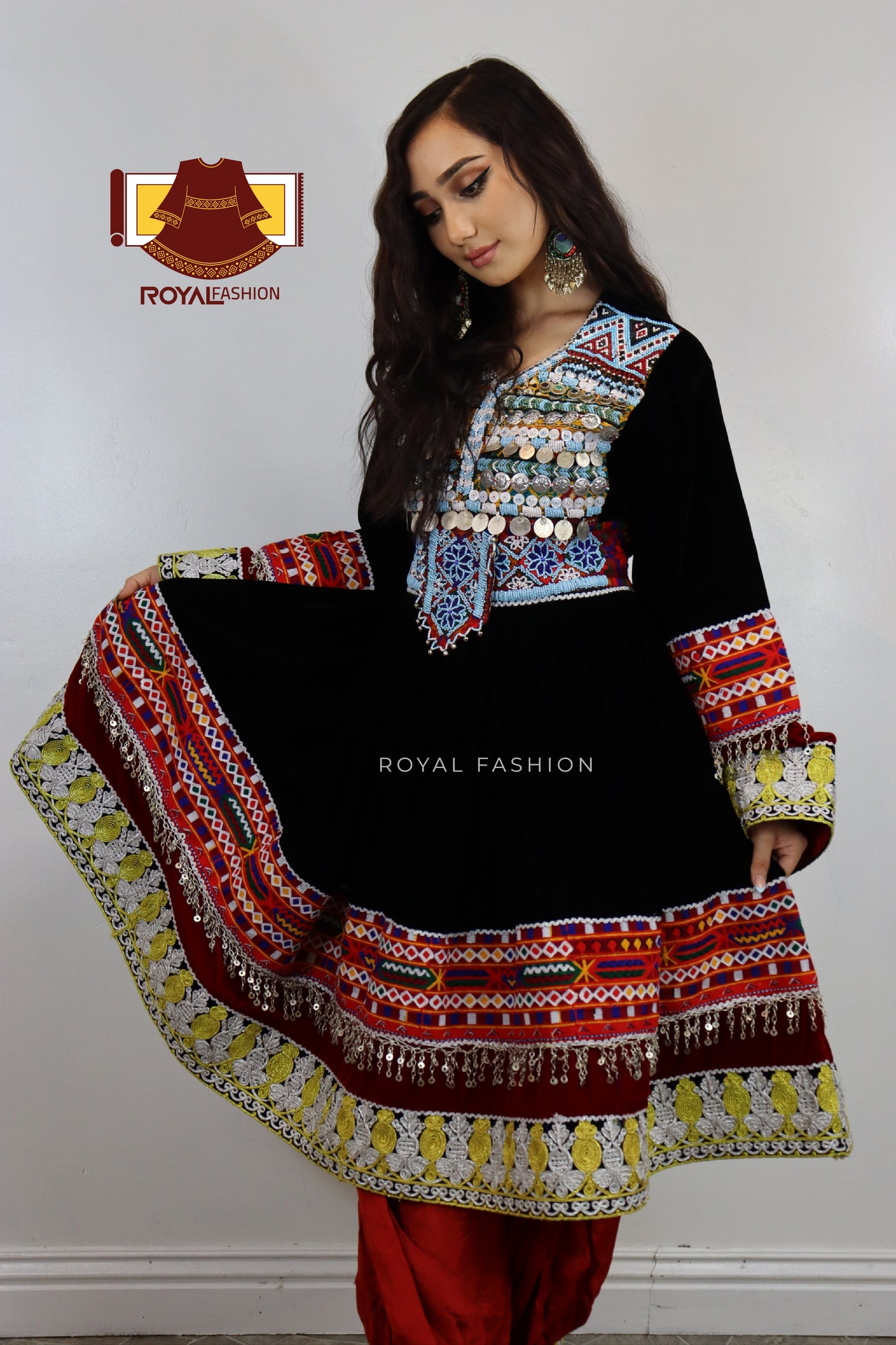 Afghan New Design Black Velvet Gand E Afghani White/Yellow Chirma Afghan Women Dress #2090