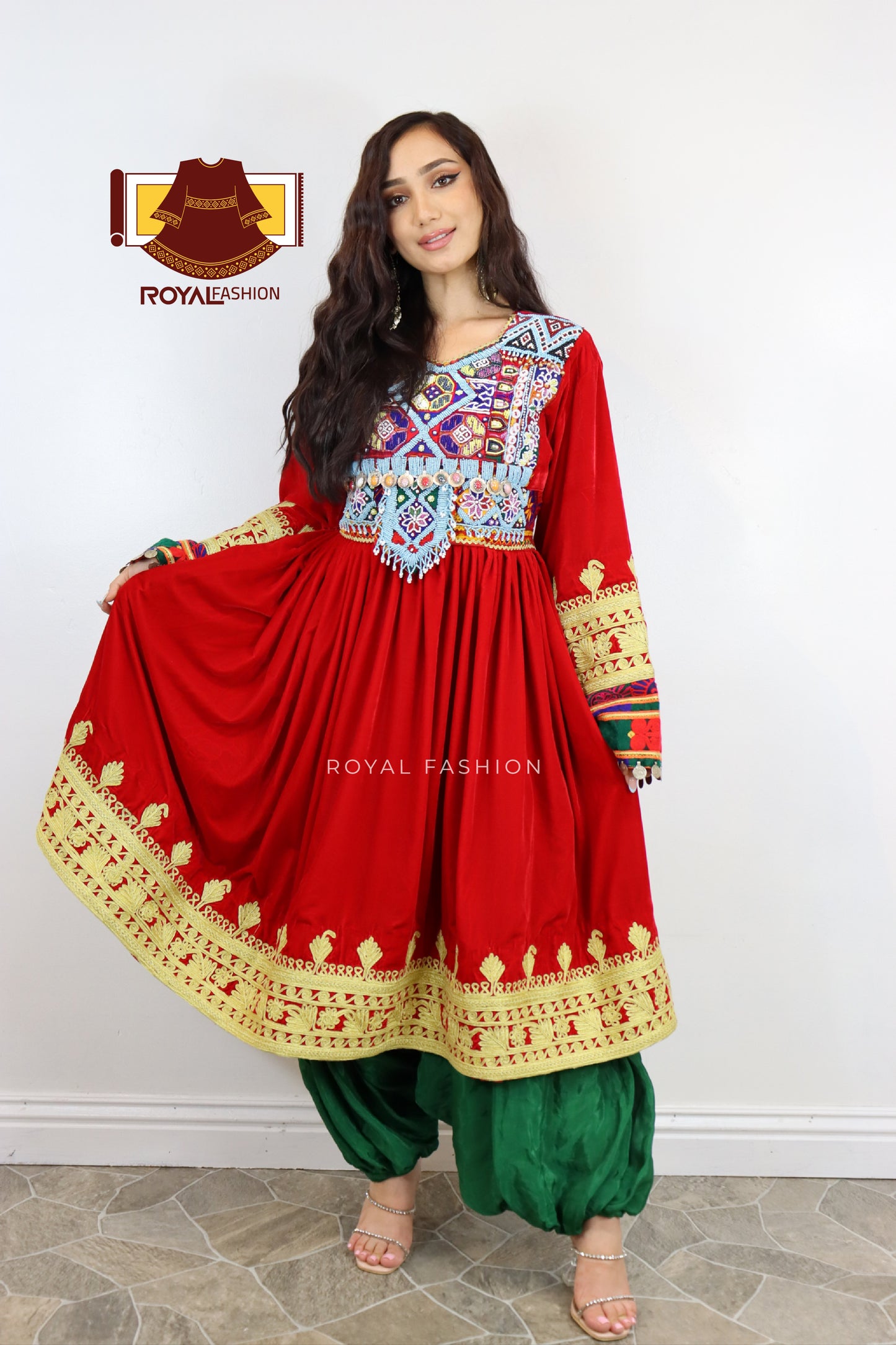 Afghan New Design Red Velvet Gand E Afghani Yellow Chirma Afghan Women Dress #2091