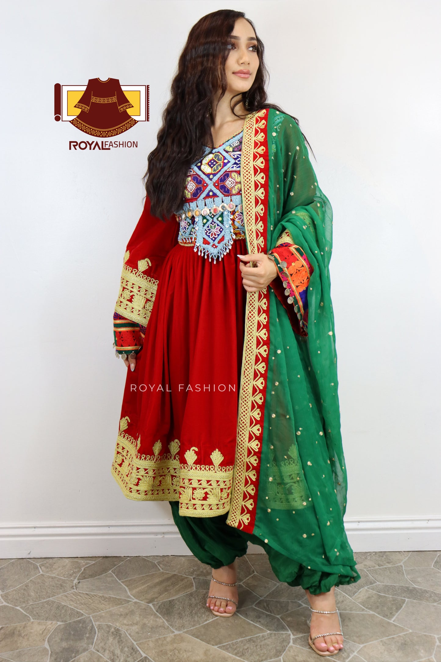 Afghan New Design Red Velvet Gand E Afghani Yellow Chirma Afghan Women Dress #2091