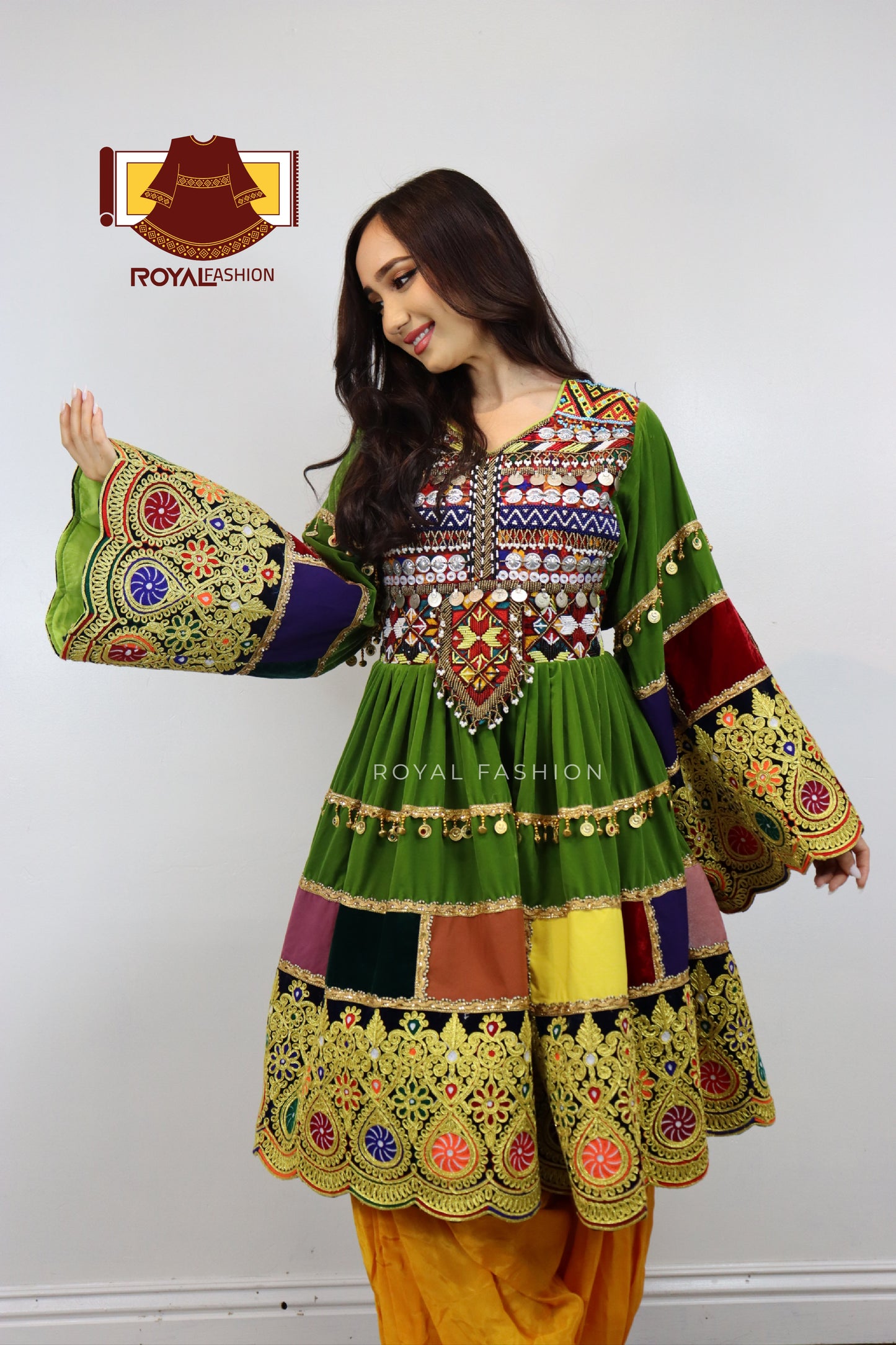 Afghani Kuchi Velvet Gand E Afghani With Yellow Chirma Afghani Women Dress #2110