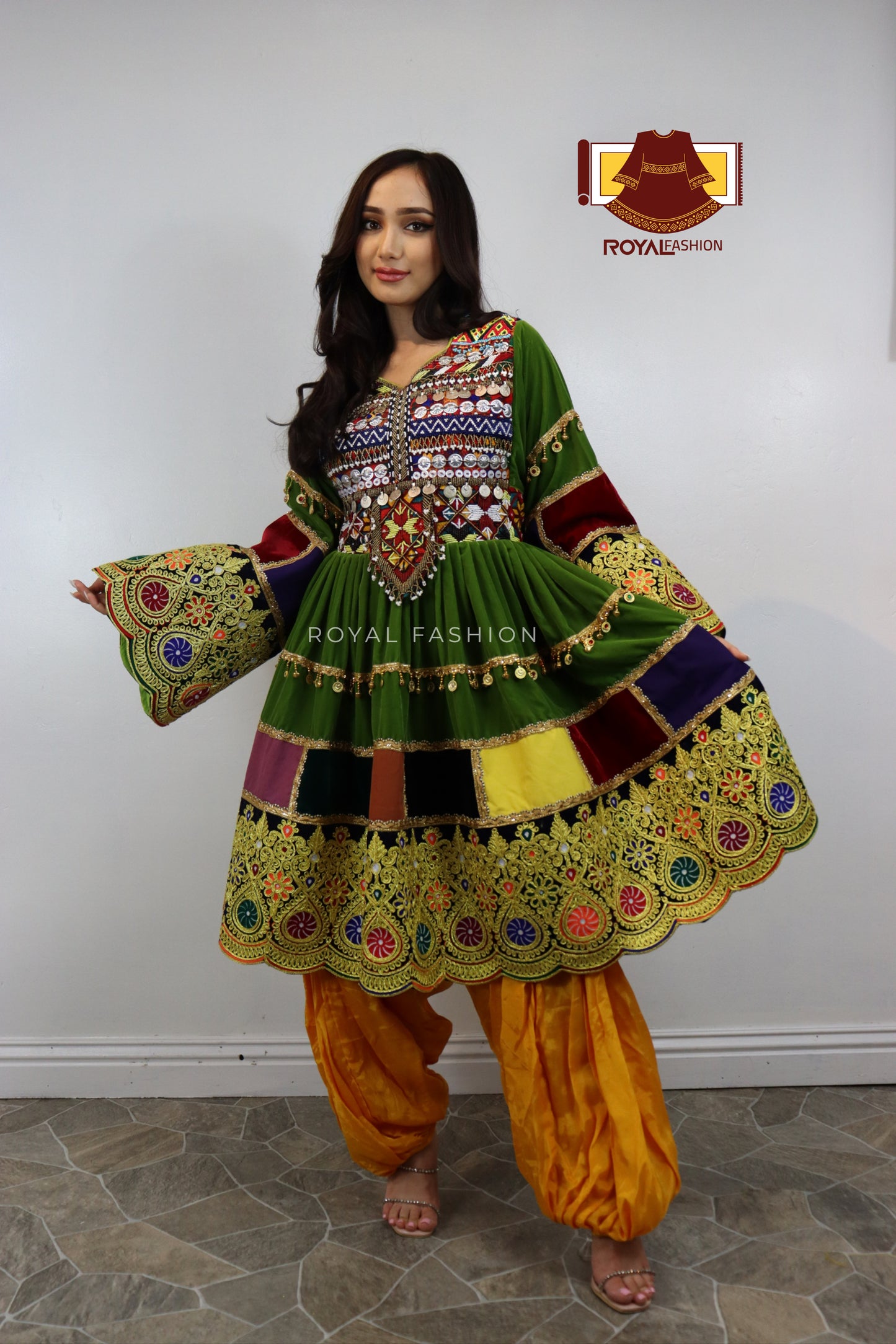 Afghani Kuchi Velvet Gand E Afghani With Yellow Chirma Afghani Women Dress #2110