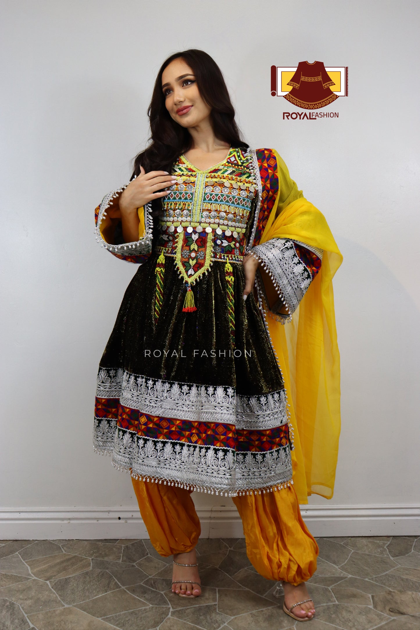 Afghani Kuchi Velvet Gand E Afghani With White Chirma Afghani Women Dress #2111