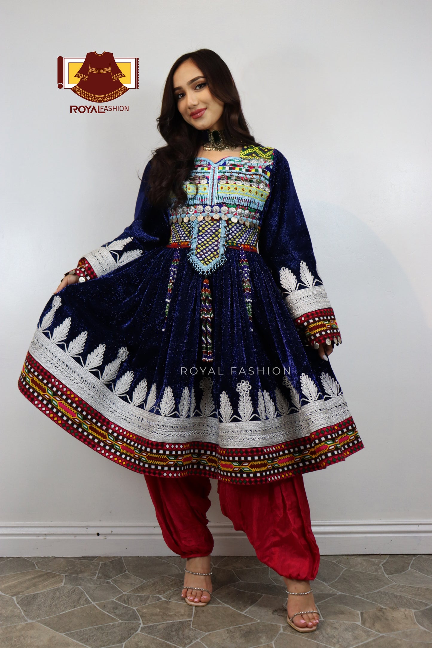 Afghani Kuchi Velvet Gand E Afghani With Silver Chirma Afghani Women Dress #2113