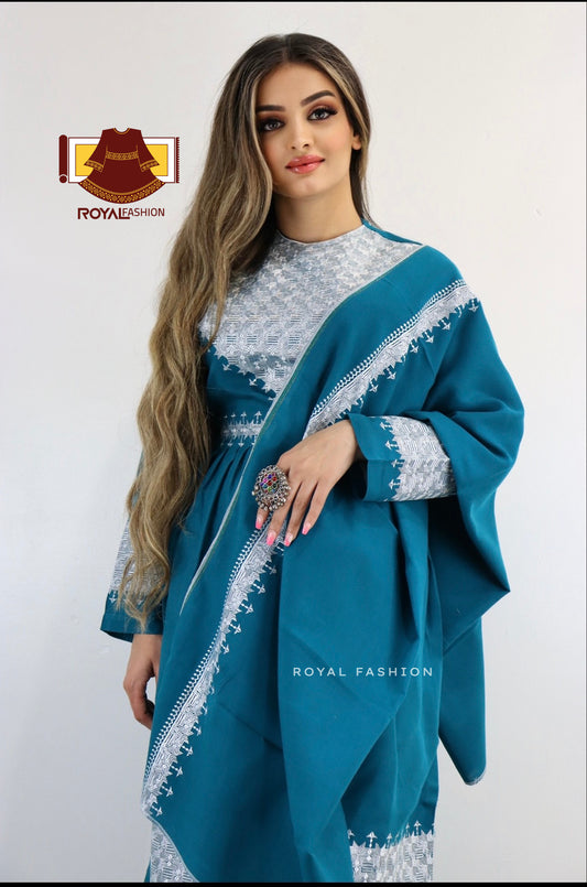 Afghani Hazaragi Dress with White Gull Duzi and Cotton Material #2052