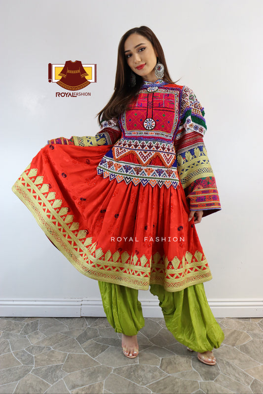 Afghani Kuchi Gul Bakhmal Gand E Afghani With Yellow Chirma Afghani Women Dress #2045