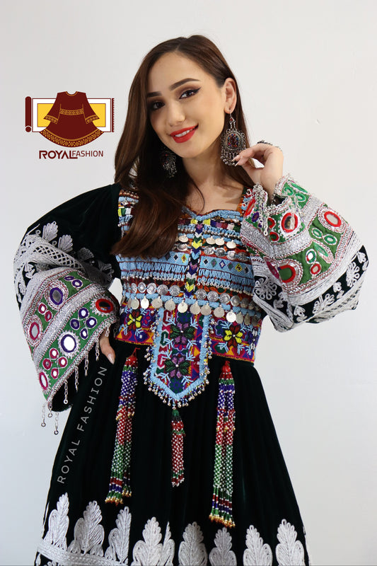 Afghan New Desgin Black Velvet Gand E Afghani White Chirma Afghan Women Dress #2048