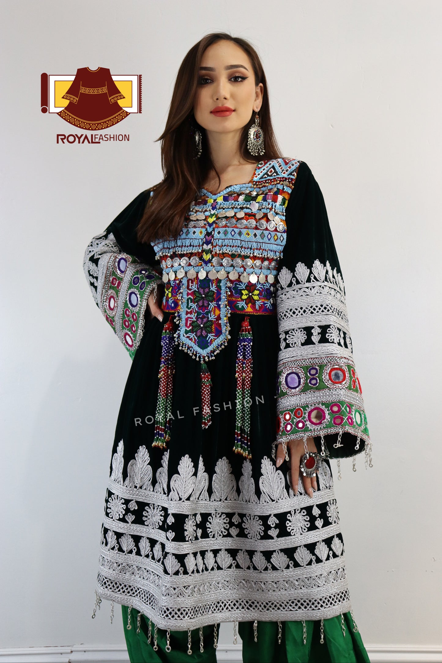 Afghan New Desgin Black Velvet Gand E Afghani White Chirma Afghan Women Dress #2048