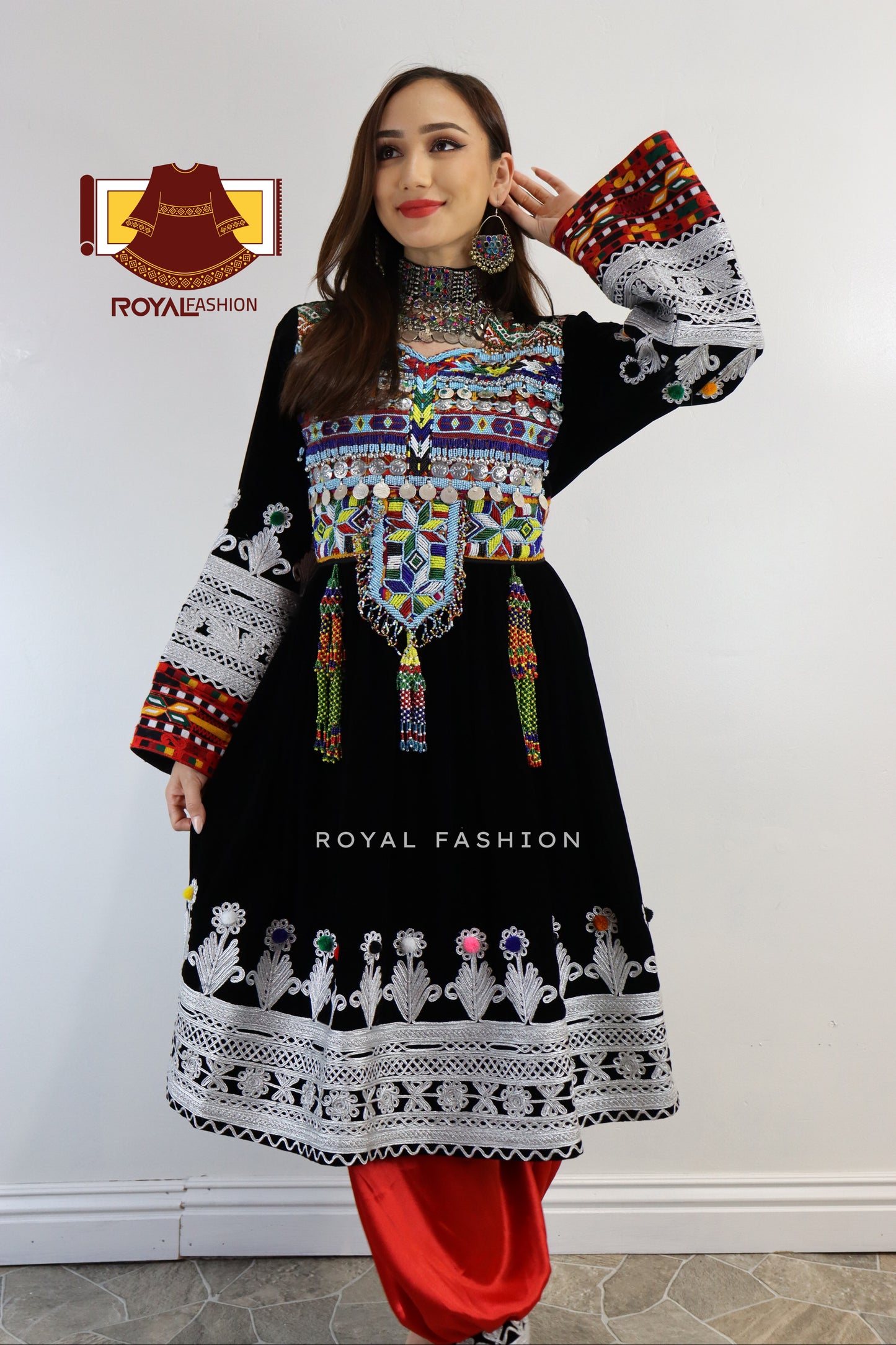 Afghan New Desgin Black Velvet Gand E Afghani White Chirma Afghan Women Dress #2050