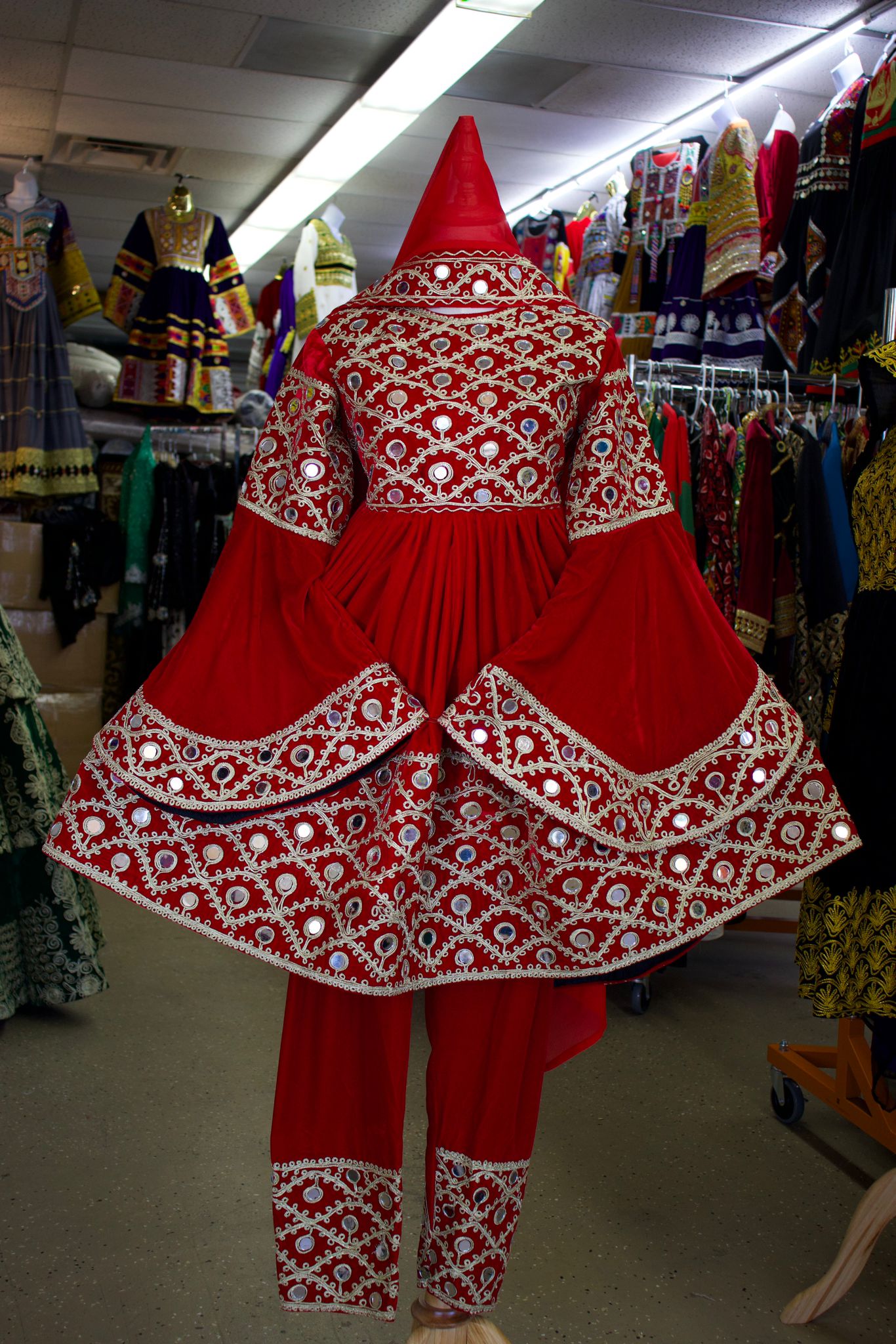 Afghan Women Red Velvet Gand E Afghani With Hand Worked Mirror #2058