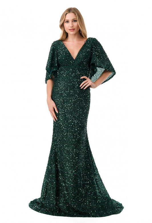 PLUS SIZE EMERALD V-NECK V-BACK SPARKLY SEQUIN LONG MODEST PROM GOWN #M2751TP