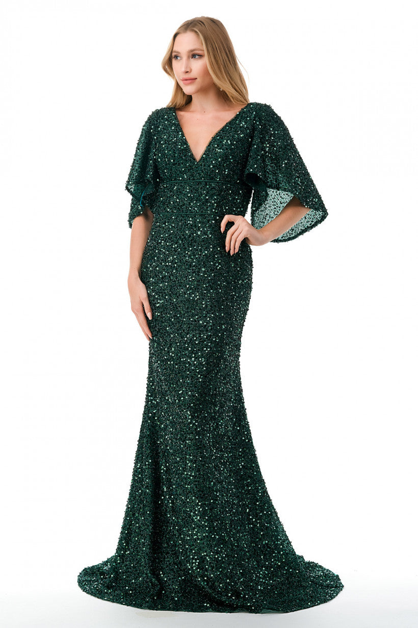 PLUS SIZE EMERALD V-NECK V-BACK SPARKLY SEQUIN LONG MODEST PROM GOWN #M2751TP