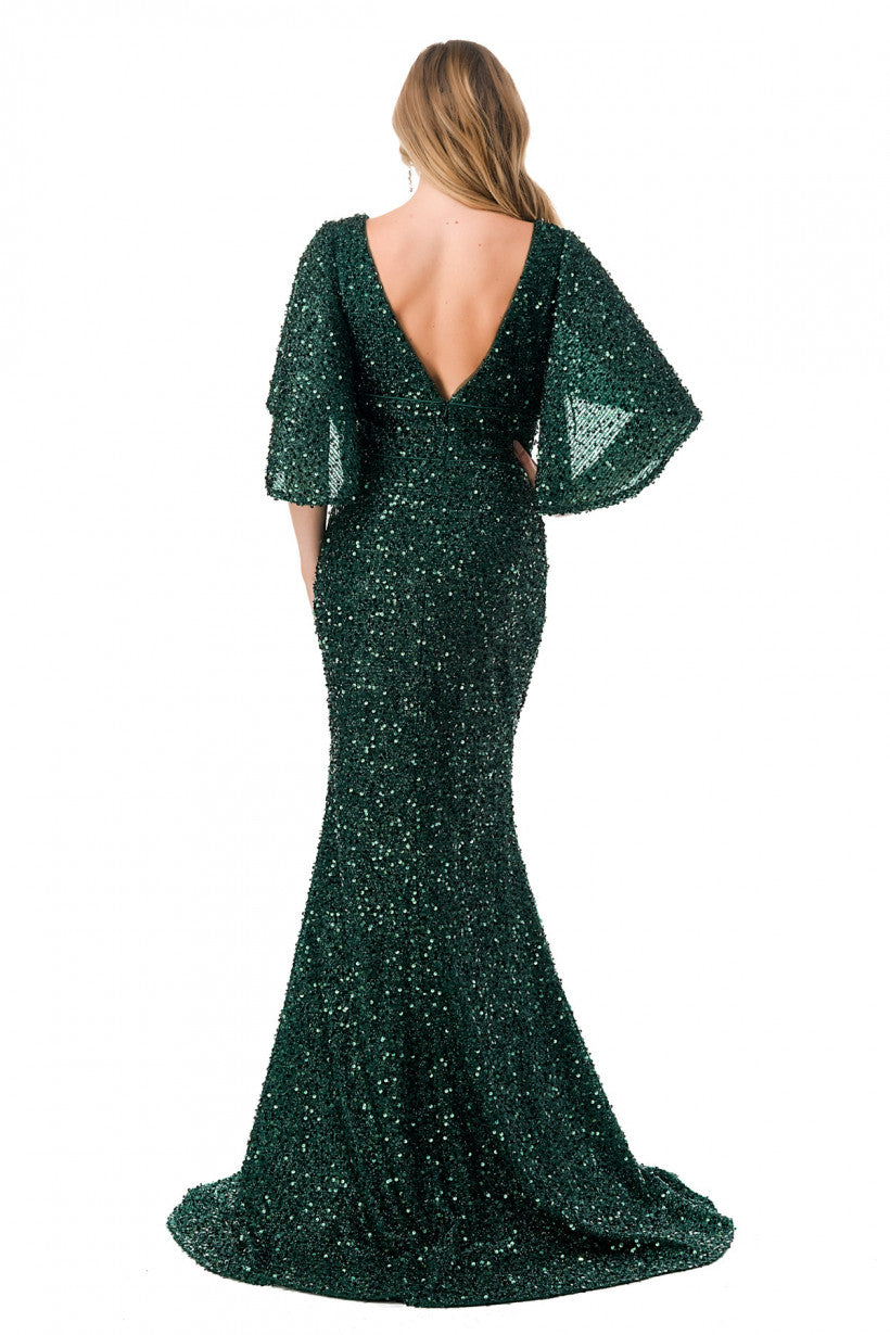 PLUS SIZE EMERALD V-NECK V-BACK SPARKLY SEQUIN LONG MODEST PROM GOWN #M2751TP