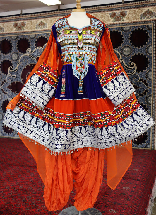 Afghan Kuchi Handmade Traditional Clothes Women Afghani Velvet Dress Navy & Orange #2013