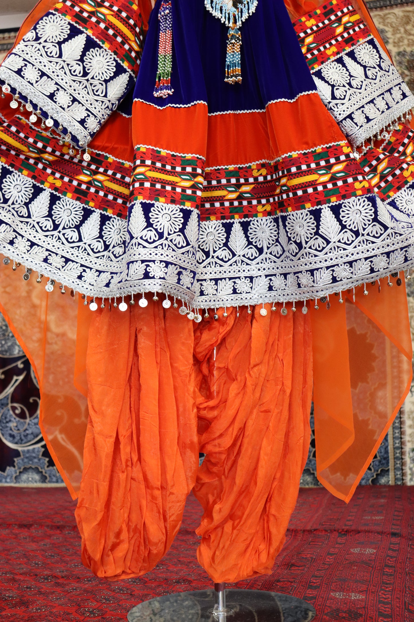 Afghan Kuchi Handmade Traditional Clothes Women Afghani Velvet Dress Navy & Orange #2013