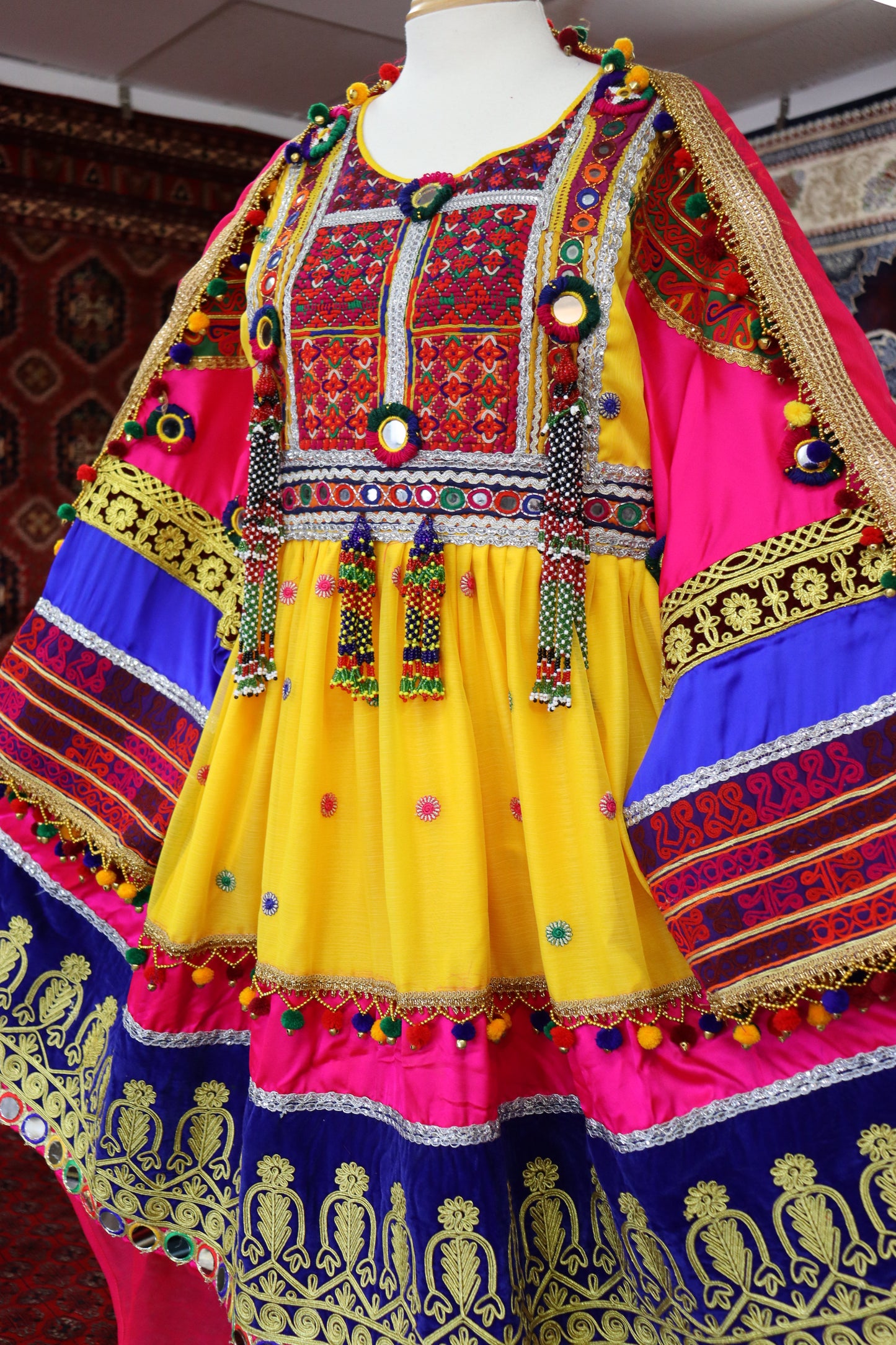 Afghan Kuchi Handmade Traditional Clothes Women Afghani Dress Yellow & Pink #2011