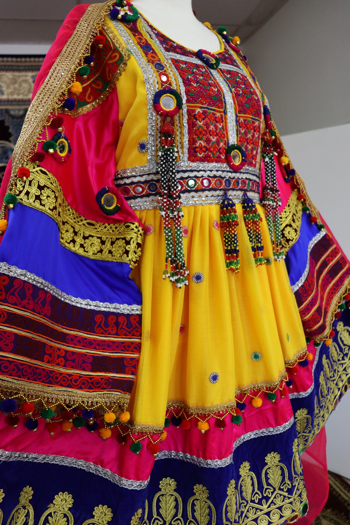 Afghan Kuchi Handmade Traditional Clothes Women Afghani Dress Yellow & Pink #2011