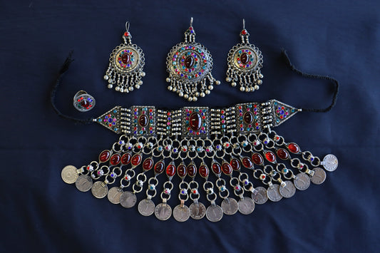 Afghan Handmade Kuchi Design Neckless With Earrings, Head Piece, and Beautiful Ring