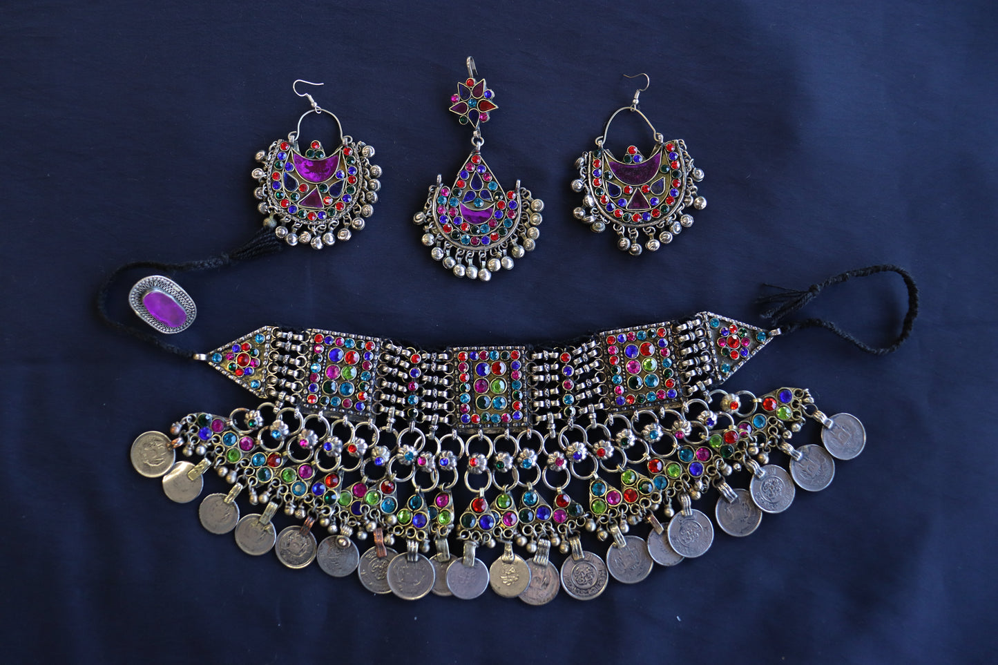 Afghan Handmade Kuchi Design Neckless With Earrings, Head Piece, and Beautiful Ring