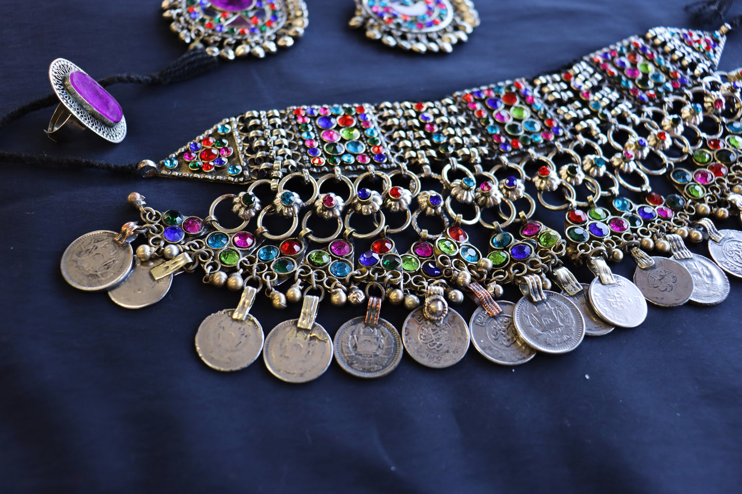 Afghan Handmade Kuchi Design Neckless With Earrings, Head Piece, and Beautiful Ring