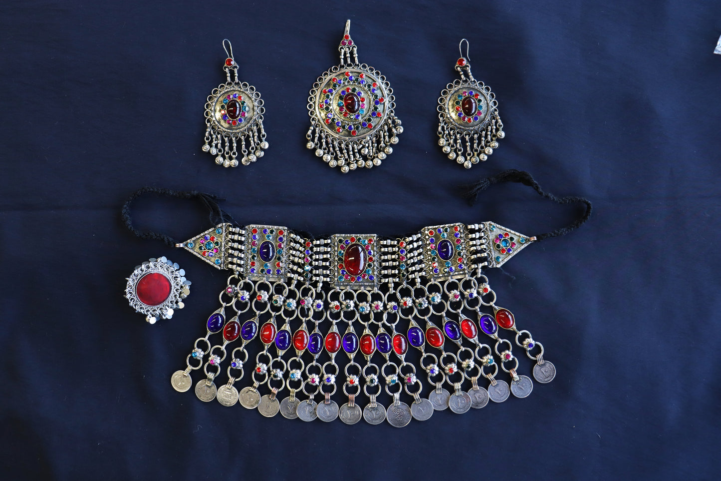 Afghan Handmade Kuchi Design Neckless With Earrings, Head Piece, and Beautiful Ring