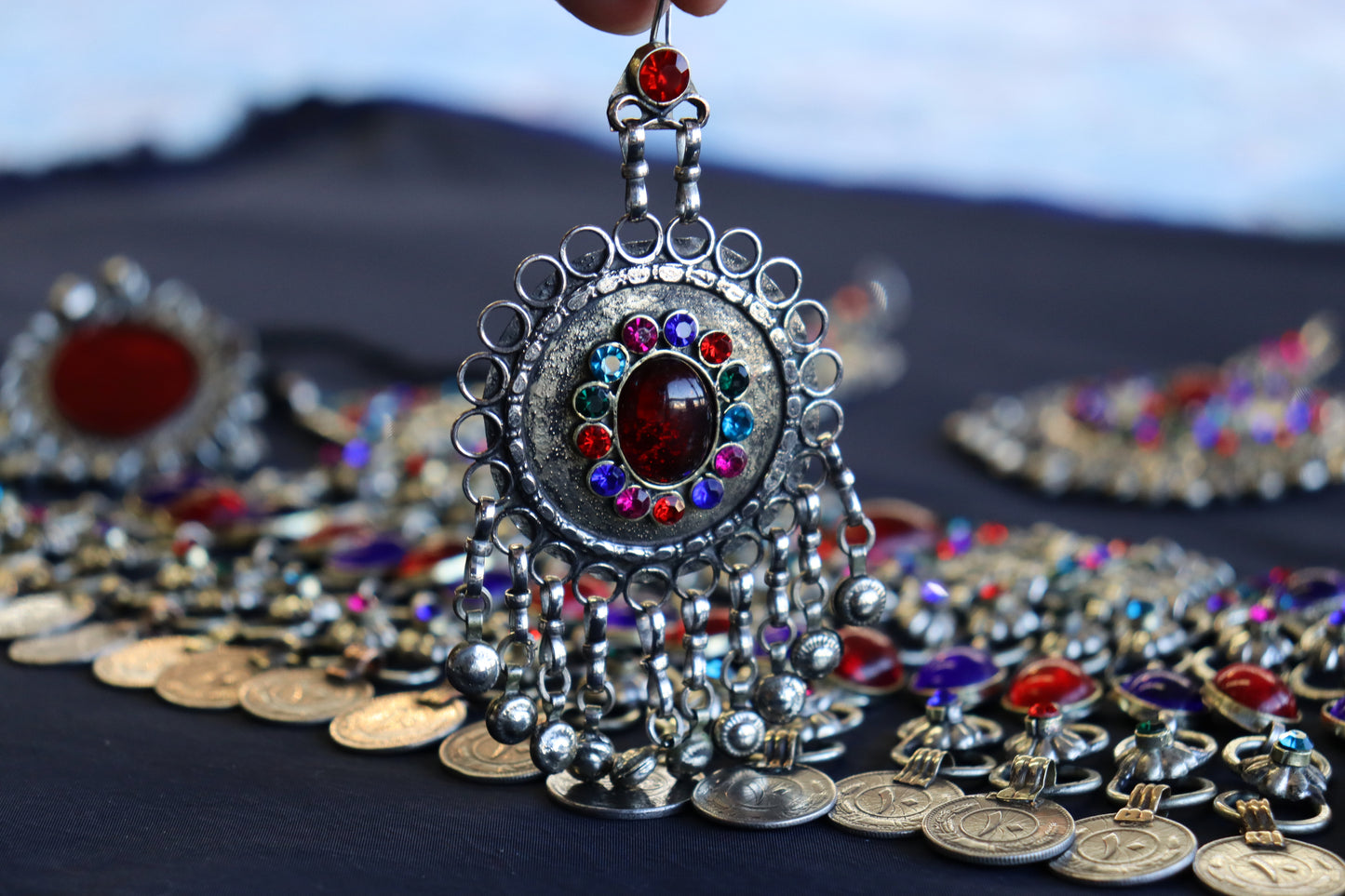 Afghan Handmade Kuchi Design Neckless With Earrings, Head Piece, and Beautiful Ring