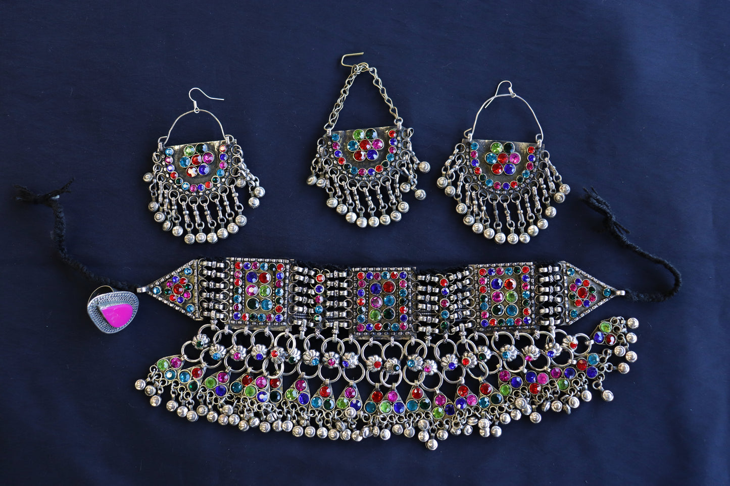 Afghan Handmade Kuchi Design Neckless With Earrings, Head Piece, and Beautiful Ring