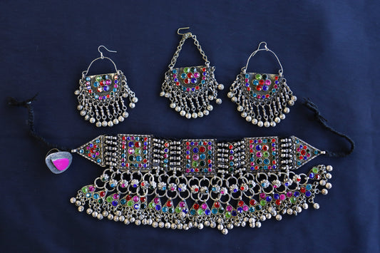 Afghan Handmade Kuchi Design Neckless With Earrings, Head Piece, and Beautiful Ring