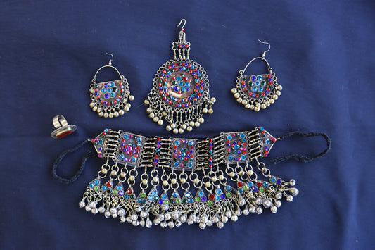 Afghan Handmade Kuchi Design Neckless With Earrings, Head Piece, and Beautiful Ring