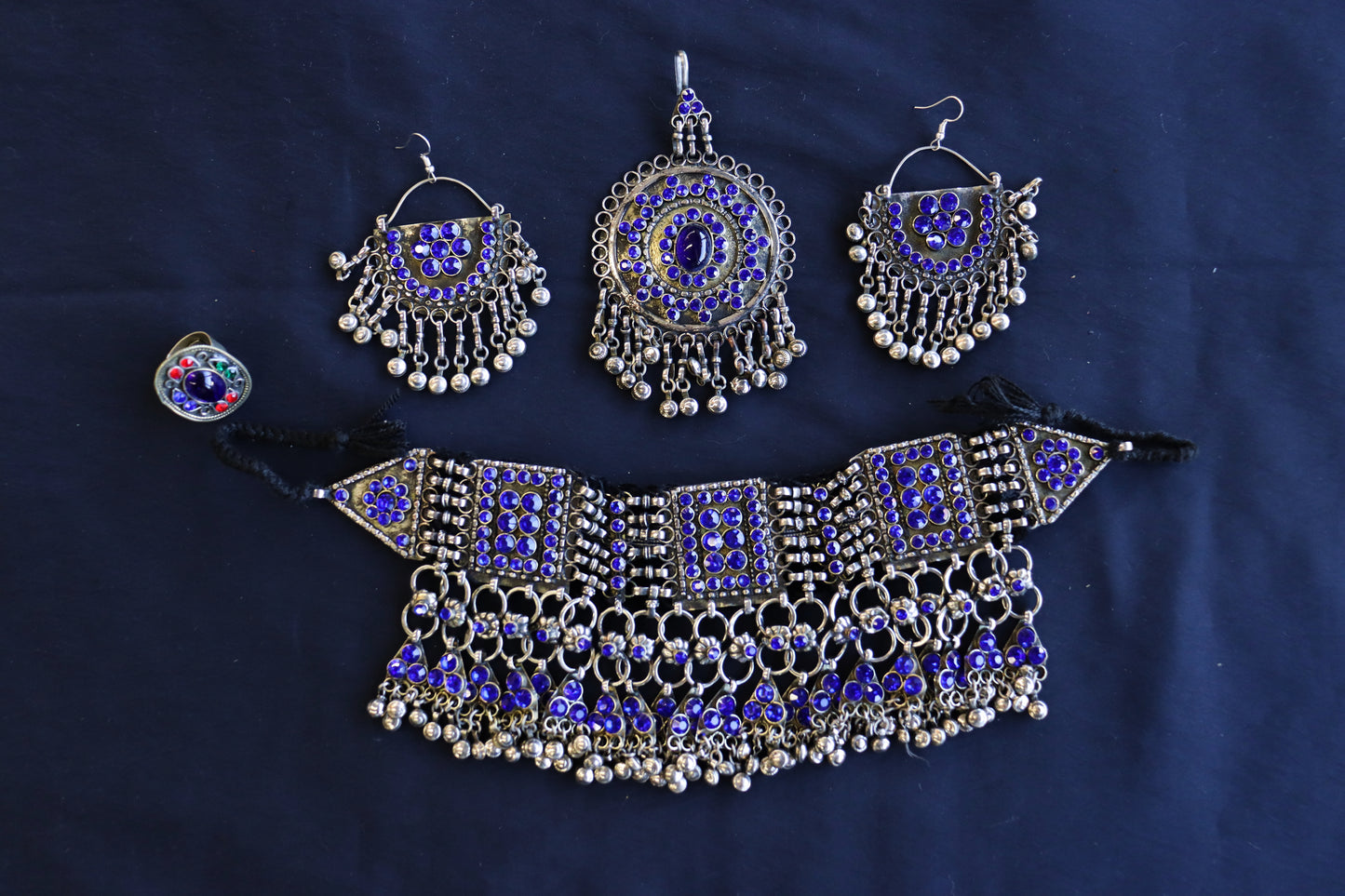 Afghan Handmade Kuchi Design Neckless With Earrings, Head Piece, and Beautiful Ring