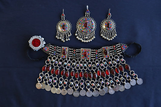 Afghan Handmade Kuchi Design Neckless With Earrings, Head Piece, and Beautiful Ring