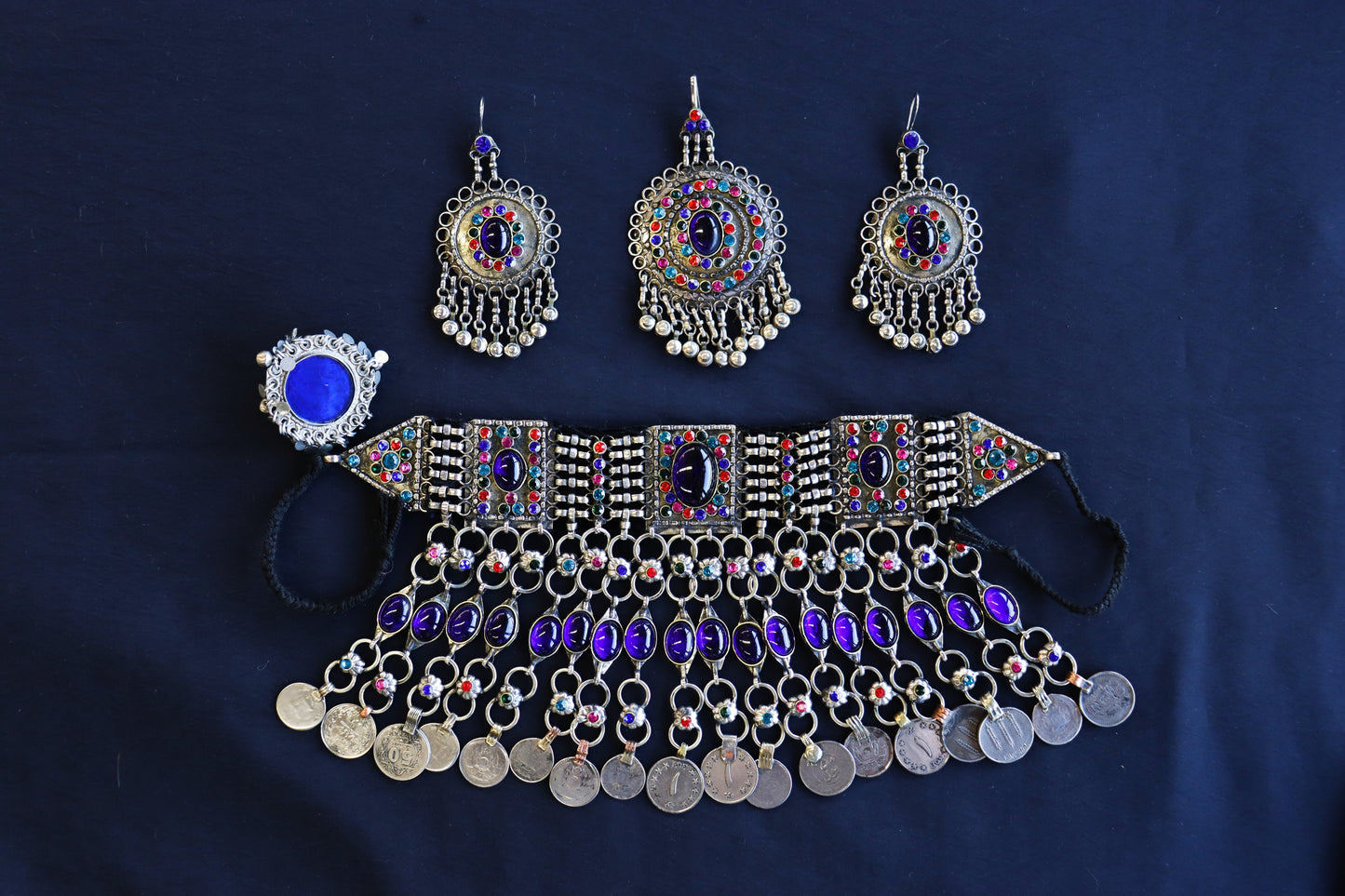 Afghan Handmade Kuchi Design Neckless With Earrings, Head Piece, and Beautiful Ring