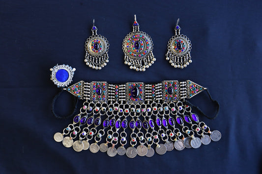 Afghan Handmade Kuchi Design Neckless With Earrings, Head Piece, and Beautiful Ring