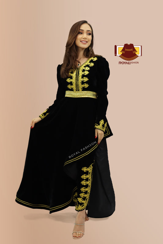 Afghan Kuchi Handmade Traditional Clothes Women Afghani Dress Black & Yellow #2001