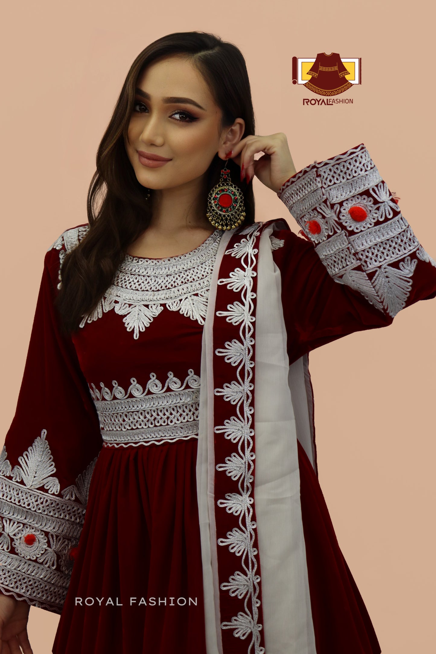 Afghani Kuchi Red Velvet and White Chirma Dress Afghani Women Dress #2003