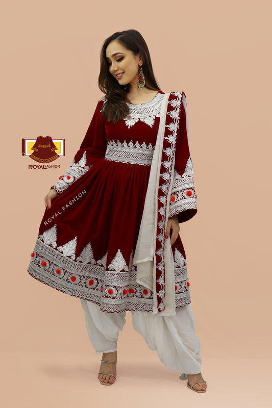 Afghani Kuchi Red Velvet and White Chirma Dress Afghani Women Dress #2003