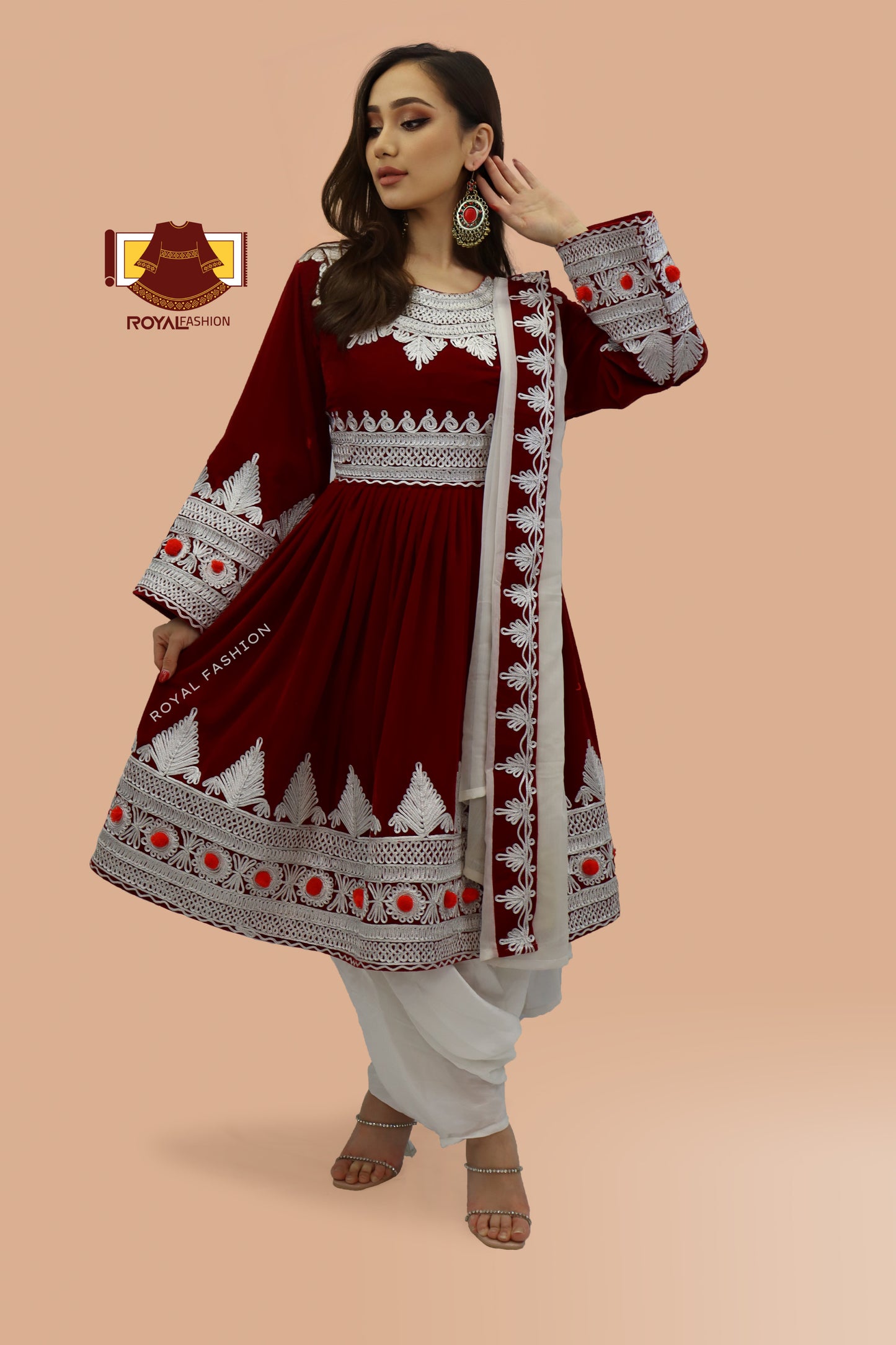 Afghani Kuchi Red Velvet and White Chirma Dress Afghani Women Dress #2003