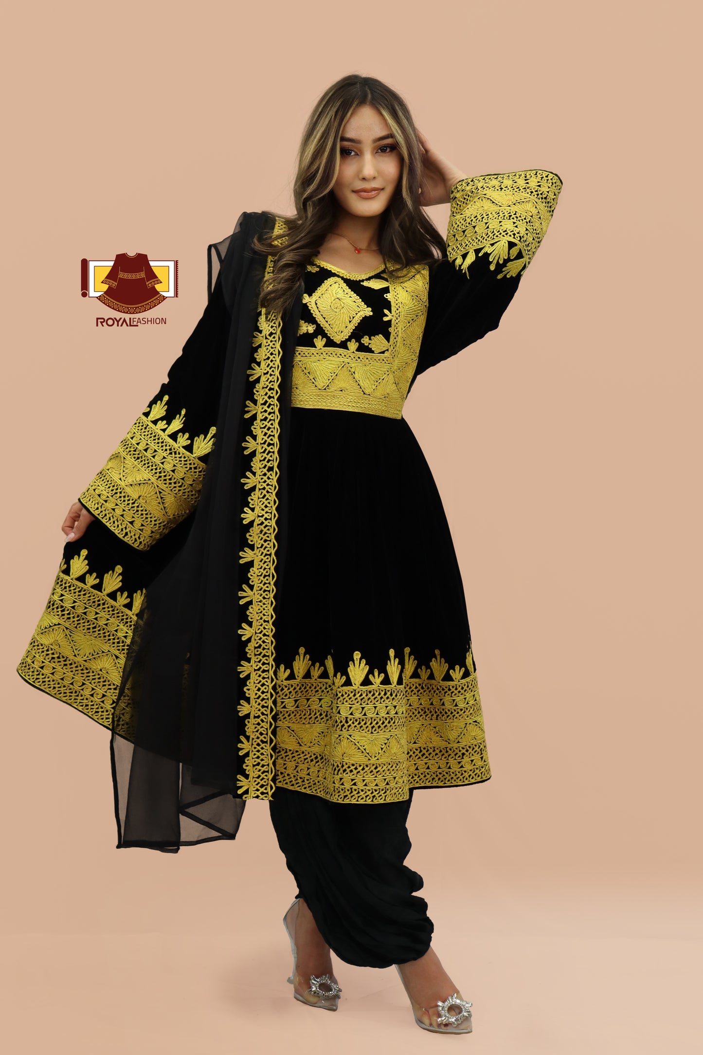 Afghan New Desgin Gand E Afghani Black Velvet and Yellow Chirma #2004