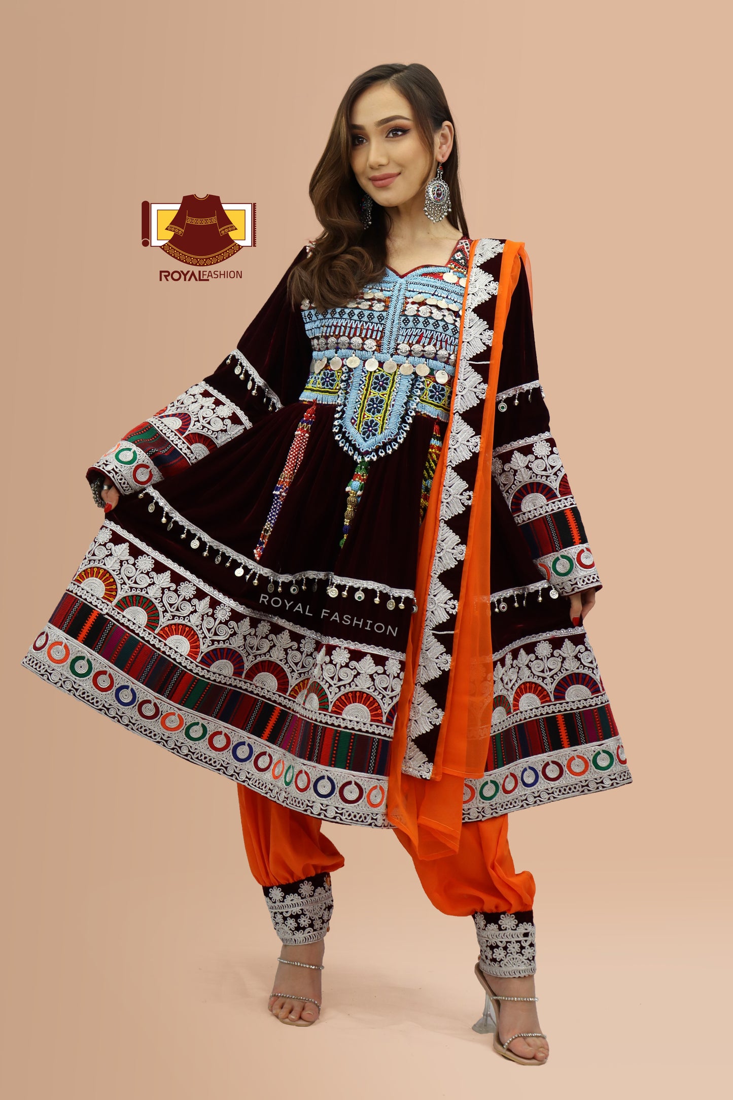 Afghani Kuchi Velvet Gand E Afghani With White Chirma Afghani Women Dress #2005