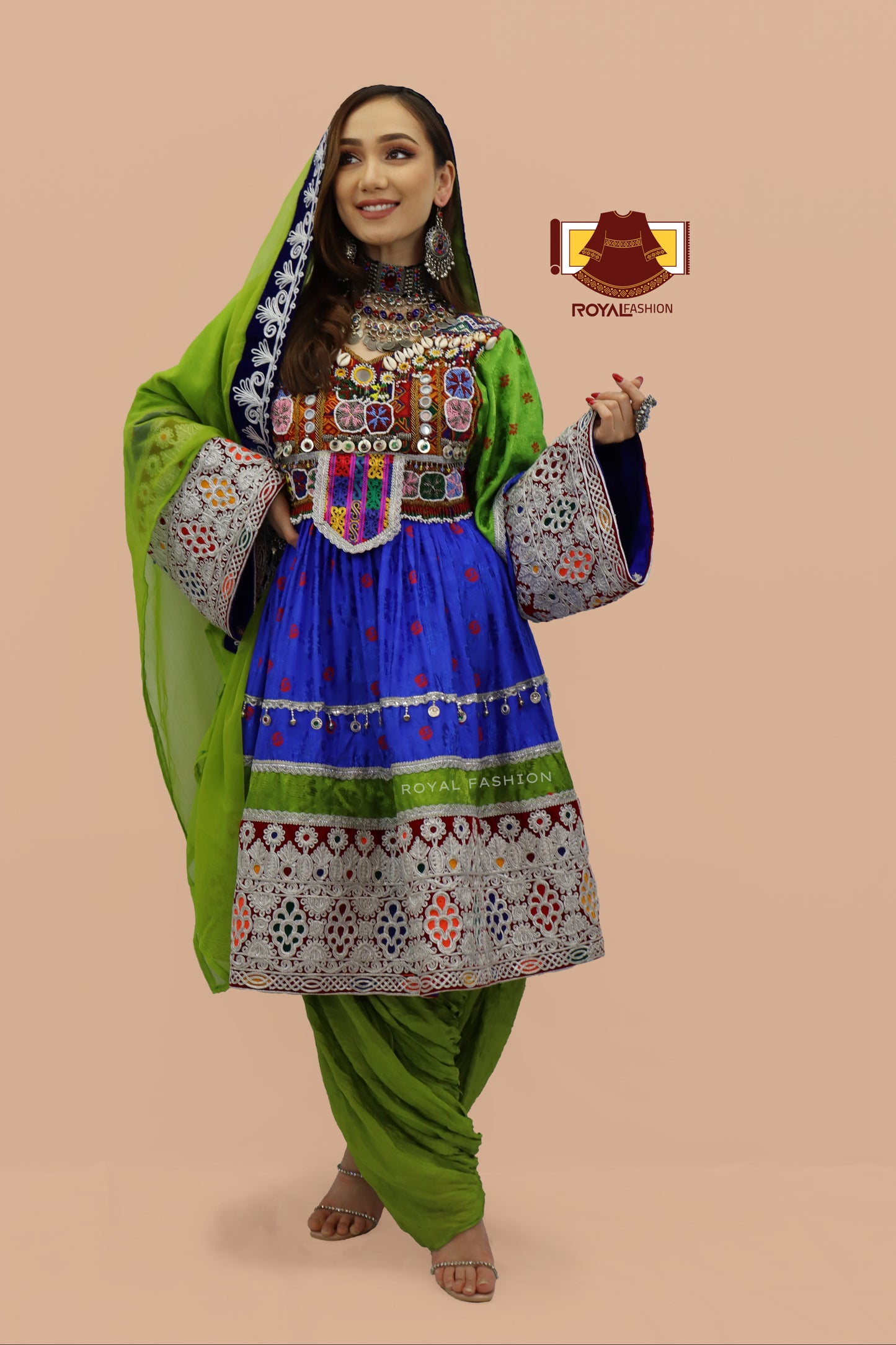 Afghan Kuchi Gand E Afghani Blue and Green Afghan Women Dress #2032