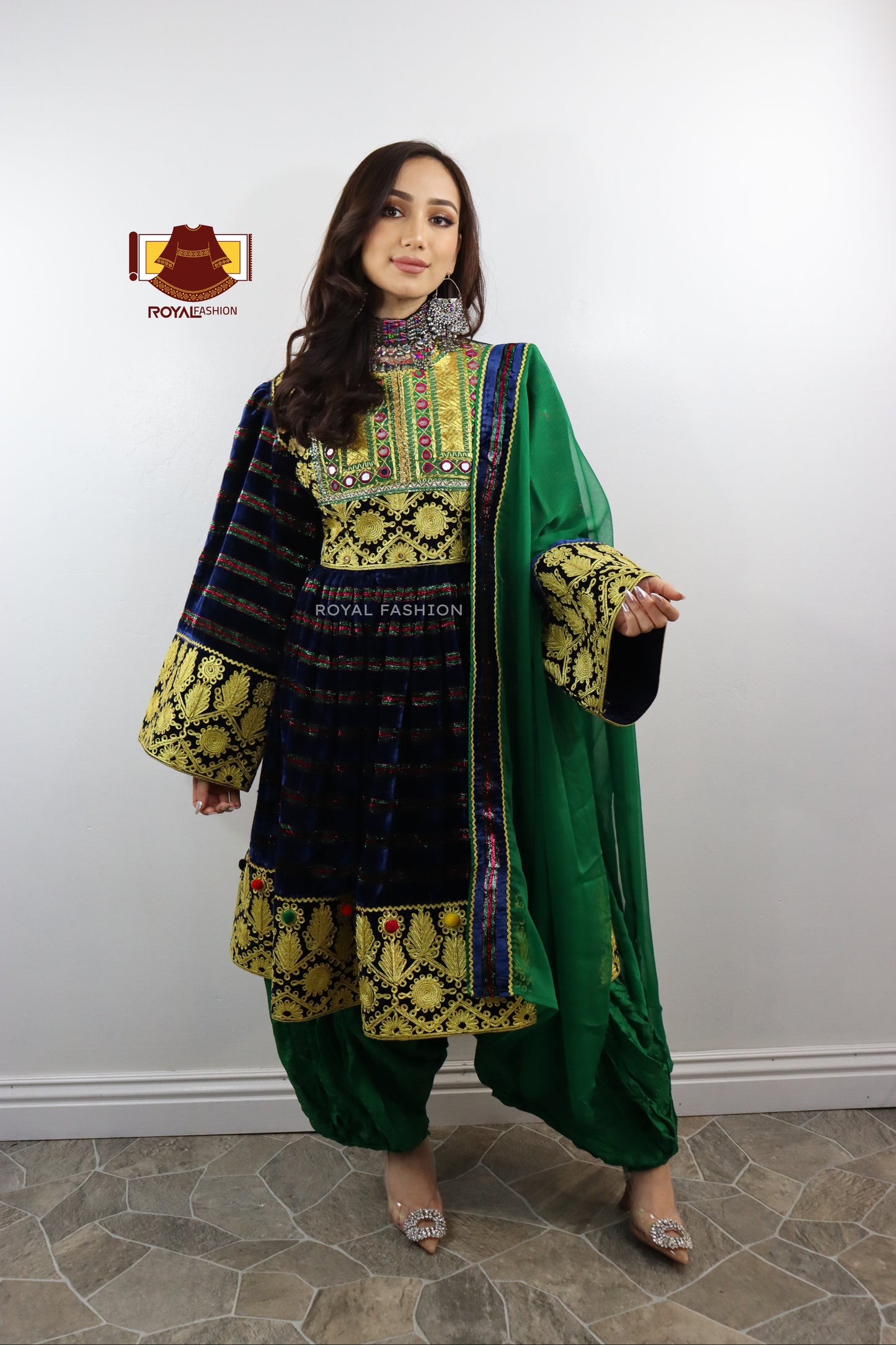 Afghan Navy Velvet Gand E Afghani Yellow Chirma Afghan Women Dress #2037