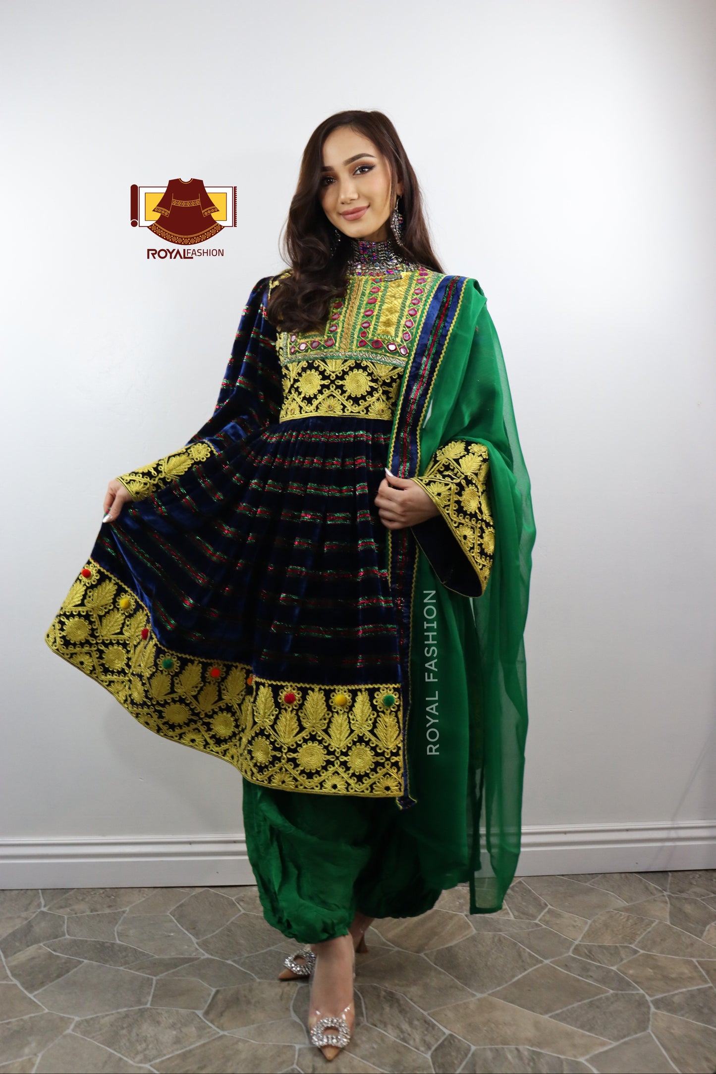 Afghan Navy Velvet Gand E Afghani Yellow Chirma Afghan Women Dress #2037