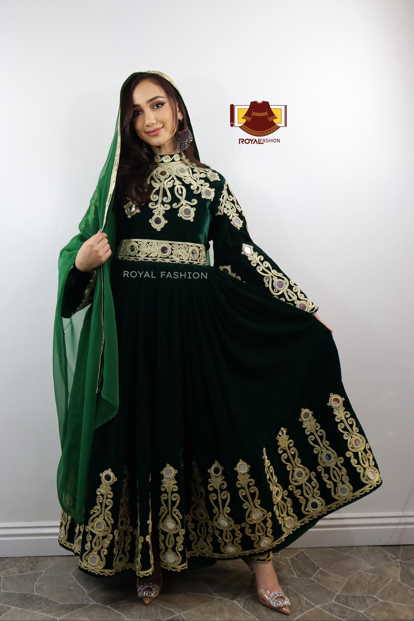 Afghan Green Velvet Gand E Afghani Yellow Chirma Afghan Women Dress #2036