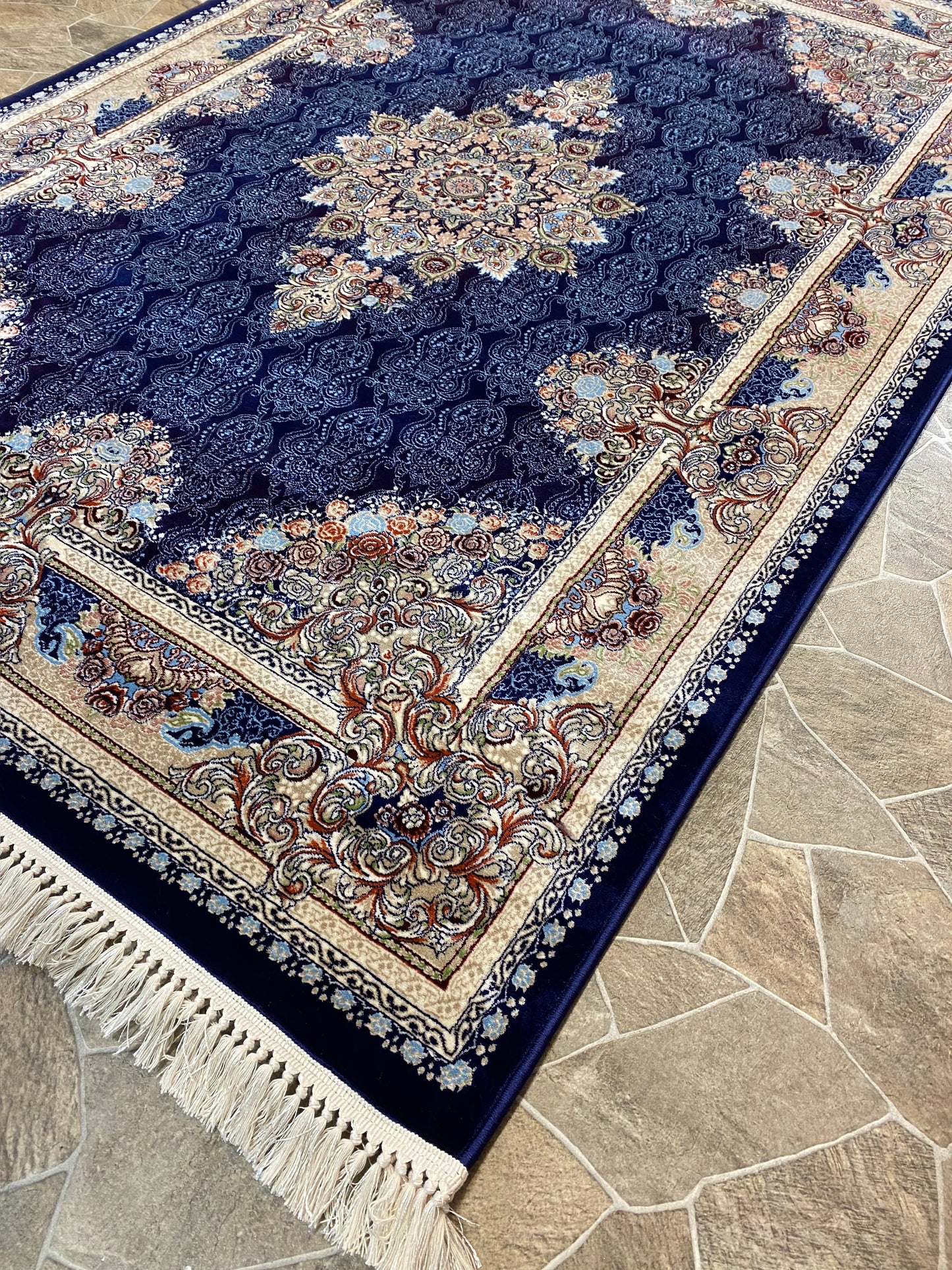 Navy Isfahan Persian Design High Quality Machine Made Carpet #3003