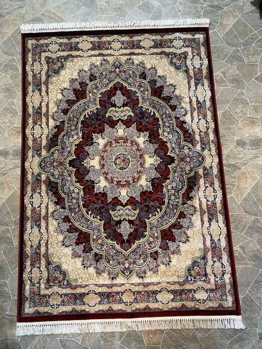 ‌Red Isfahan Persian Design High Quality Machine Made Carpet #3005